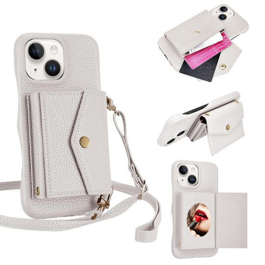 For iPhone 15 Litchi Texture Horizontal Card Bag Holder Phone Case with Long Lanyard(White)