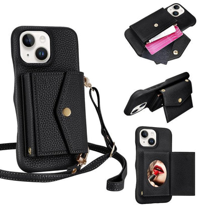 For iPhone 14 / 13 Litchi Texture Horizontal Card Bag Holder Phone Case with Long Lanyard(Black) - iPhone 14 Cases by buy2fix | Online Shopping UK | buy2fix