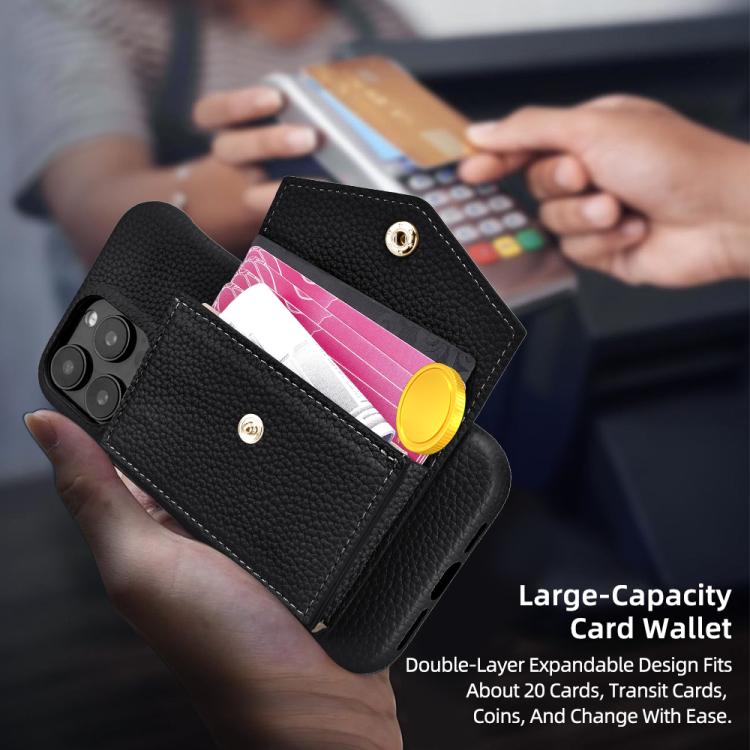 For iPhone 14 / 13 Litchi Texture Horizontal Card Bag Holder Phone Case with Long Lanyard(Black) - iPhone 14 Cases by buy2fix | Online Shopping UK | buy2fix