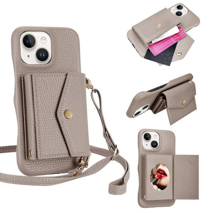 For iPhone 14 / 13 Litchi Texture Horizontal Card Bag Holder Phone Case with Long Lanyard(Grey) - iPhone 14 Cases by buy2fix | Online Shopping UK | buy2fix