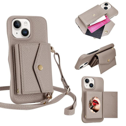 For iPhone 14 / 13 Litchi Texture Horizontal Card Bag Holder Phone Case with Long Lanyard(Grey) - iPhone 14 Cases by buy2fix | Online Shopping UK | buy2fix