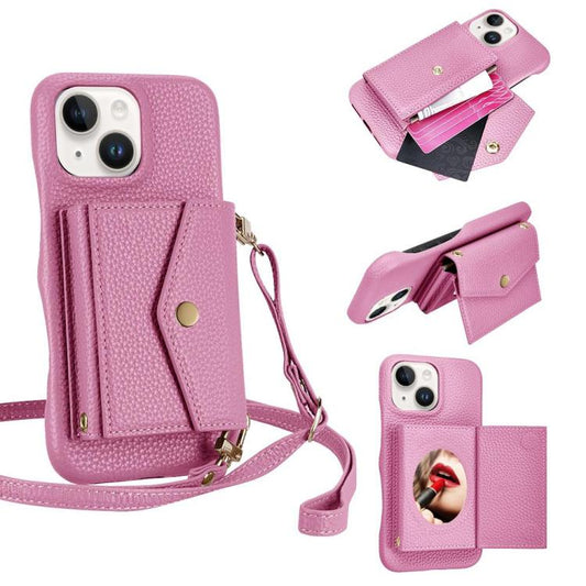 For iPhone 14 / 13 Litchi Texture Horizontal Card Bag Holder Phone Case with Long Lanyard(Pink) - iPhone 14 Cases by buy2fix | Online Shopping UK | buy2fix