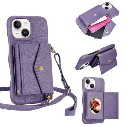 For iPhone 14 / 13 Litchi Texture Horizontal Card Bag Holder Phone Case with Long Lanyard(Purple) - iPhone 14 Cases by buy2fix | Online Shopping UK | buy2fix