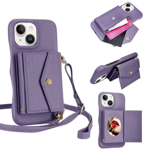 For iPhone 14 / 13 Litchi Texture Horizontal Card Bag Holder Phone Case with Long Lanyard(Purple) - iPhone 14 Cases by buy2fix | Online Shopping UK | buy2fix