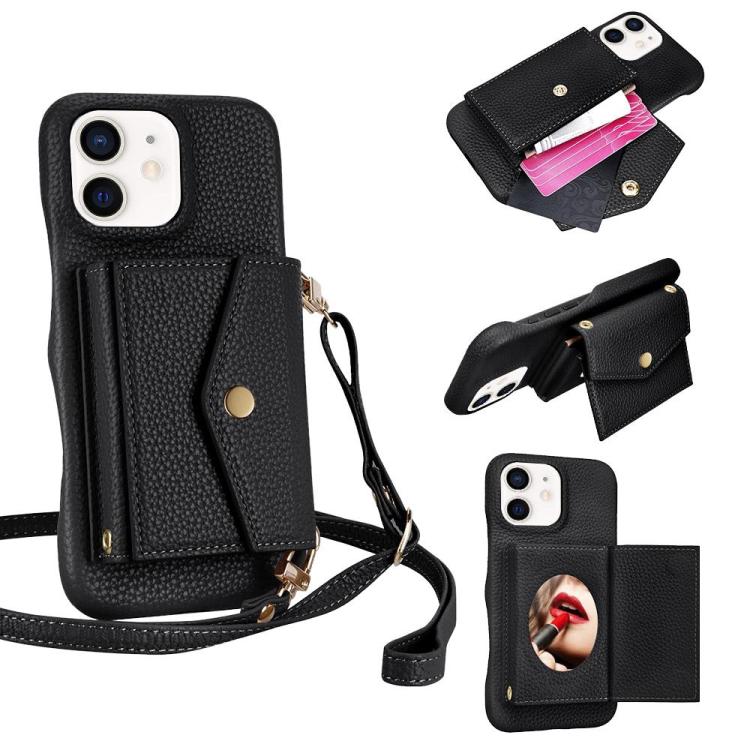 For iPhone 12 / 12 Pro Litchi Texture Horizontal Card Bag Holder Phone Case with Long Lanyard(Black) - iPhone 12 / 12 Pro Cases by buy2fix | Online Shopping UK | buy2fix