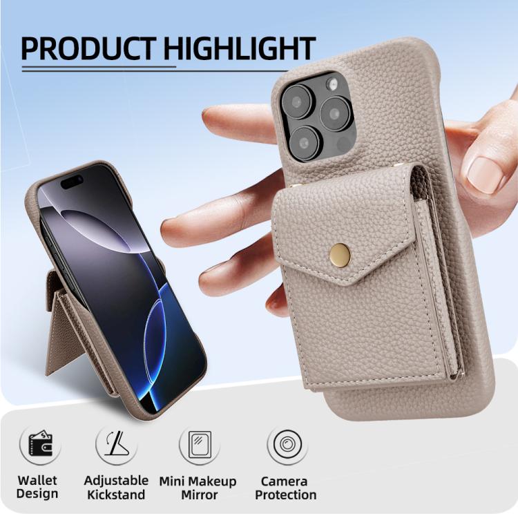 For iPhone 16 Pro Max Litchi Texture Vertical Card Bag Holder Phone Case with Long Lanyard(Grey) - iPhone 16 Pro Max Cases by buy2fix | Online Shopping UK | buy2fix