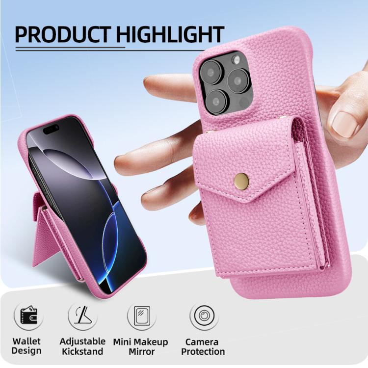 For iPhone 16 Pro Max Litchi Texture Vertical Card Bag Holder Phone Case with Long Lanyard(Pink) - iPhone 16 Pro Max Cases by buy2fix | Online Shopping UK | buy2fix