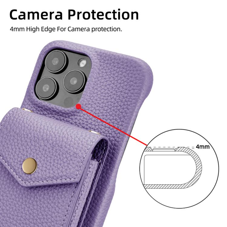 For iPhone 16 Pro Litchi Texture Vertical Card Bag Holder Phone Case with Long Lanyard(Purple) - iPhone 16 Pro Cases by buy2fix | Online Shopping UK | buy2fix