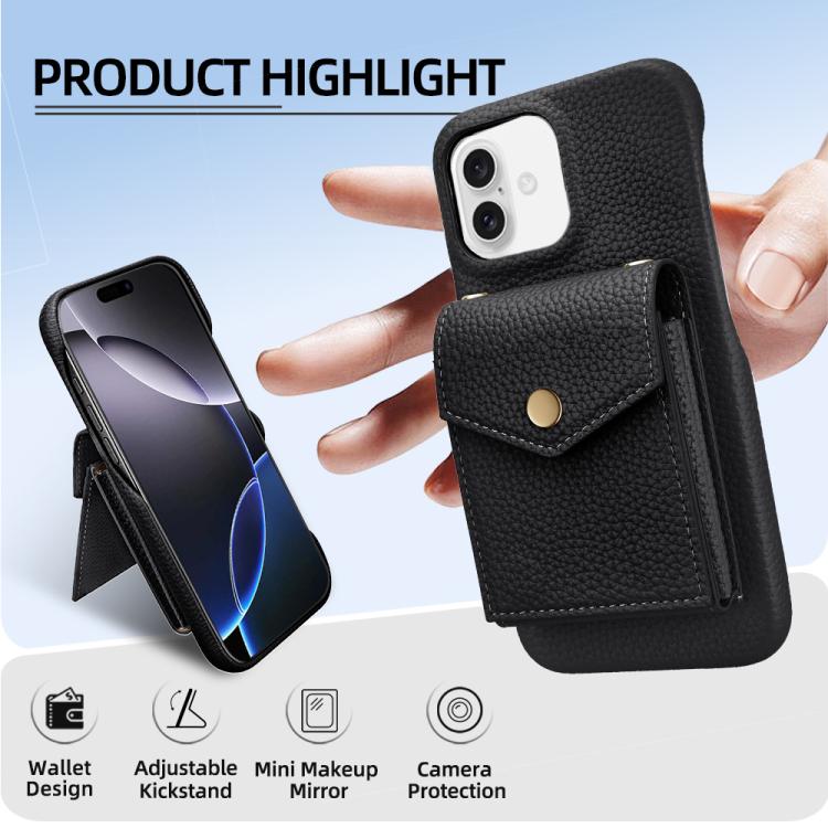 For iPhone 16 Plus Litchi Texture Vertical Card Bag Holder Phone Case with Long Lanyard(Black) - iPhone 16 Plus Cases by buy2fix | Online Shopping UK | buy2fix