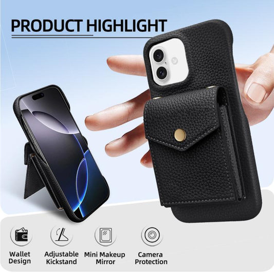 For iPhone 16 Plus Litchi Texture Vertical Card Bag Holder Phone Case with Long Lanyard(Black) - iPhone 16 Plus Cases by buy2fix | Online Shopping UK | buy2fix