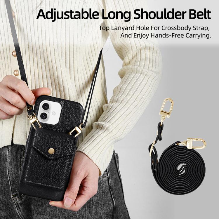 For iPhone 16 Plus Litchi Texture Vertical Card Bag Holder Phone Case with Long Lanyard(Black) - iPhone 16 Plus Cases by buy2fix | Online Shopping UK | buy2fix