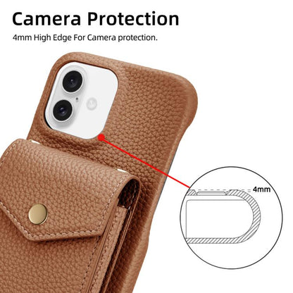 For iPhone 16 Plus Litchi Texture Vertical Card Bag Holder Phone Case with Long Lanyard(Brown) - iPhone 16 Plus Cases by buy2fix | Online Shopping UK | buy2fix