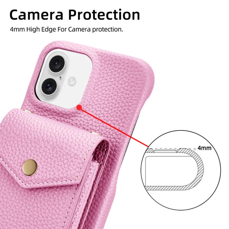 For iPhone 16 Plus Litchi Texture Vertical Card Bag Holder Phone Case with Long Lanyard(Pink) - iPhone 16 Plus Cases by buy2fix | Online Shopping UK | buy2fix