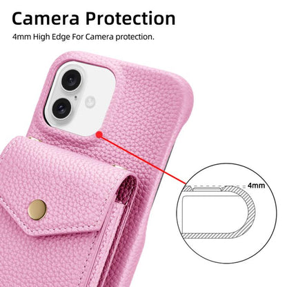 For iPhone 16 Plus Litchi Texture Vertical Card Bag Holder Phone Case with Long Lanyard(Pink) - iPhone 16 Plus Cases by buy2fix | Online Shopping UK | buy2fix