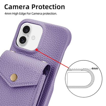 For iPhone 16 Plus Litchi Texture Vertical Card Bag Holder Phone Case with Long Lanyard(Purple) - iPhone 16 Plus Cases by buy2fix | Online Shopping UK | buy2fix