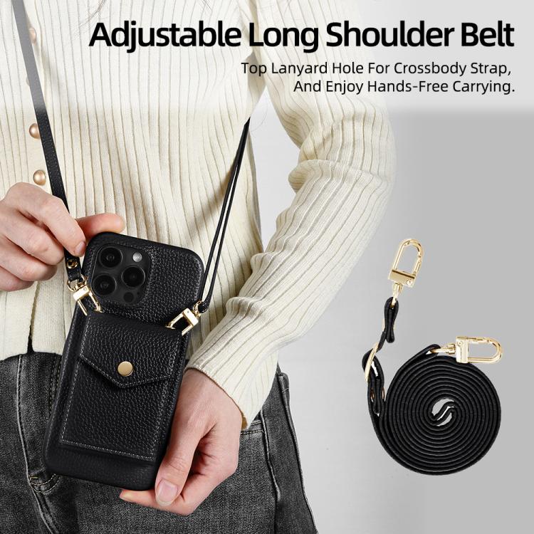 For iPhone 15 Pro Max Litchi Texture Vertical Card Bag Holder Phone Case with Long Lanyard(Black) - iPhone 15 Pro Max Cases by buy2fix | Online Shopping UK | buy2fix