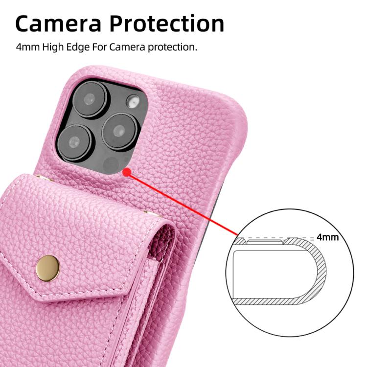For iPhone 15 Pro Max Litchi Texture Vertical Card Bag Holder Phone Case with Long Lanyard(Pink) - iPhone 15 Pro Max Cases by buy2fix | Online Shopping UK | buy2fix