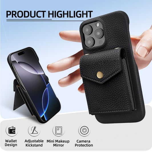 For iPhone 15 Pro Litchi Texture Vertical Card Bag Holder Phone Case with Long Lanyard(Black) - iPhone 15 Pro Cases by buy2fix | Online Shopping UK | buy2fix