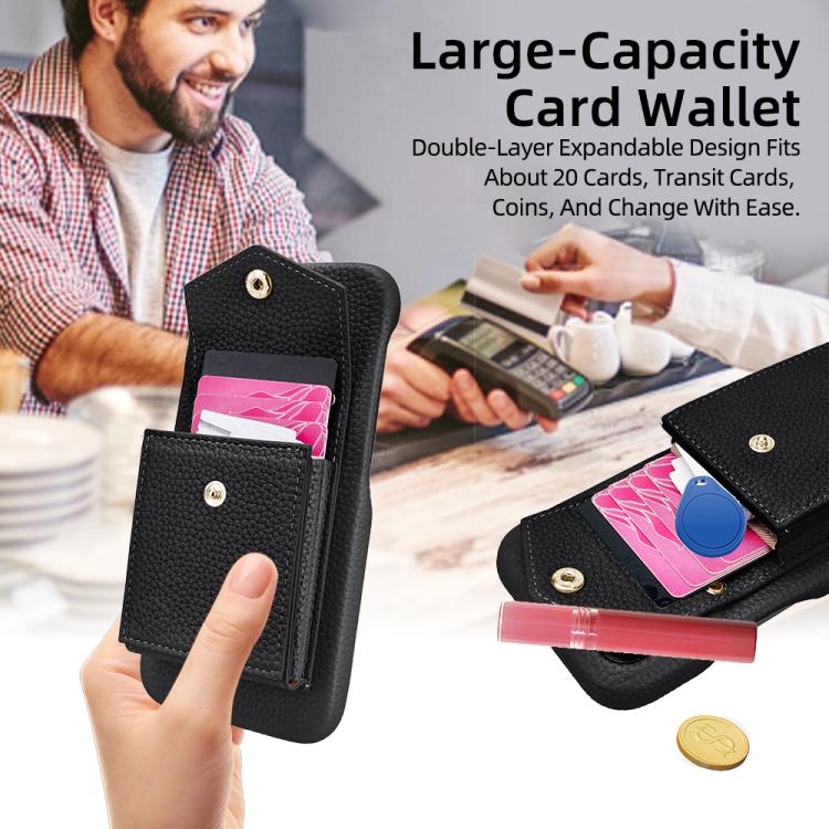 For iPhone 15 Pro Litchi Texture Vertical Card Bag Holder Phone Case with Long Lanyard(Black) - iPhone 15 Pro Cases by buy2fix | Online Shopping UK | buy2fix