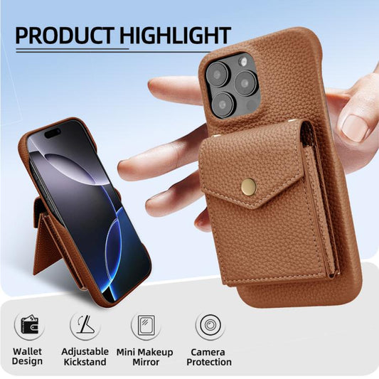 For iPhone 15 Pro Litchi Texture Vertical Card Bag Holder Phone Case with Long Lanyard(Brown) - iPhone 15 Pro Cases by buy2fix | Online Shopping UK | buy2fix