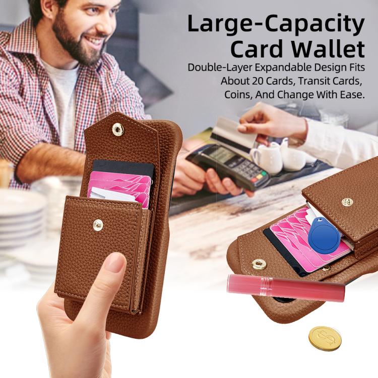 For iPhone 15 Pro Litchi Texture Vertical Card Bag Holder Phone Case with Long Lanyard(Brown) - iPhone 15 Pro Cases by buy2fix | Online Shopping UK | buy2fix