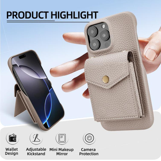 For iPhone 15 Pro Litchi Texture Vertical Card Bag Holder Phone Case with Long Lanyard(Grey) - iPhone 15 Pro Cases by buy2fix | Online Shopping UK | buy2fix