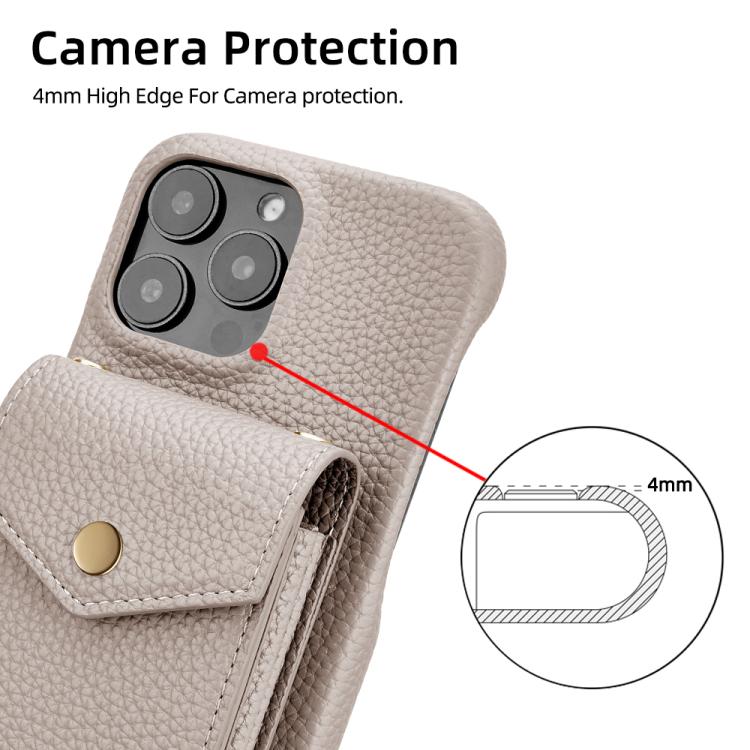 For iPhone 15 Pro Litchi Texture Vertical Card Bag Holder Phone Case with Long Lanyard(Grey) - iPhone 15 Pro Cases by buy2fix | Online Shopping UK | buy2fix