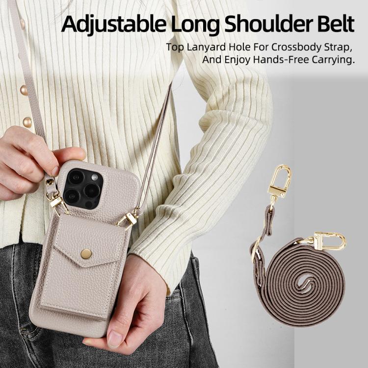 For iPhone 15 Pro Litchi Texture Vertical Card Bag Holder Phone Case with Long Lanyard(Grey) - iPhone 15 Pro Cases by buy2fix | Online Shopping UK | buy2fix