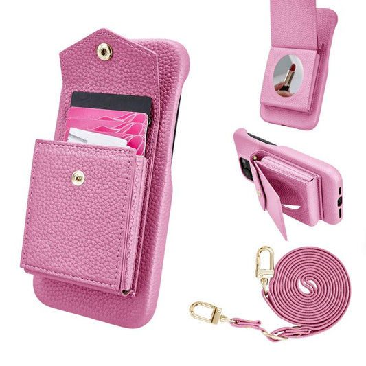 For iPhone 15 Pro Litchi Texture Vertical Card Bag Holder Phone Case with Long Lanyard(Pink) - iPhone 15 Pro Cases by buy2fix | Online Shopping UK | buy2fix