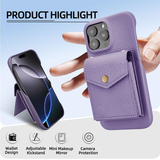 For iPhone 15 Pro Litchi Texture Vertical Card Bag Holder Phone Case with Long Lanyard(Purple) - iPhone 15 Pro Cases by buy2fix | Online Shopping UK | buy2fix