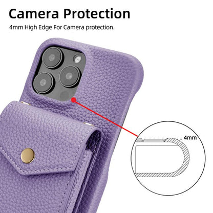For iPhone 15 Pro Litchi Texture Vertical Card Bag Holder Phone Case with Long Lanyard(Purple) - iPhone 15 Pro Cases by buy2fix | Online Shopping UK | buy2fix