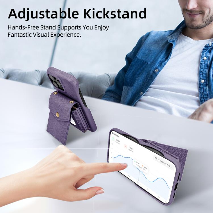 For iPhone 15 Pro Litchi Texture Vertical Card Bag Holder Phone Case with Long Lanyard(Purple) - iPhone 15 Pro Cases by buy2fix | Online Shopping UK | buy2fix