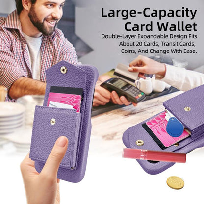 For iPhone 15 Pro Litchi Texture Vertical Card Bag Holder Phone Case with Long Lanyard(Purple) - iPhone 15 Pro Cases by buy2fix | Online Shopping UK | buy2fix