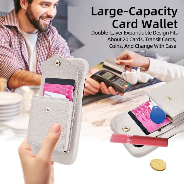 For iPhone 15 Pro Litchi Texture Vertical Card Bag Holder Phone Case with Long Lanyard(White) - iPhone 15 Pro Cases by buy2fix | Online Shopping UK | buy2fix
