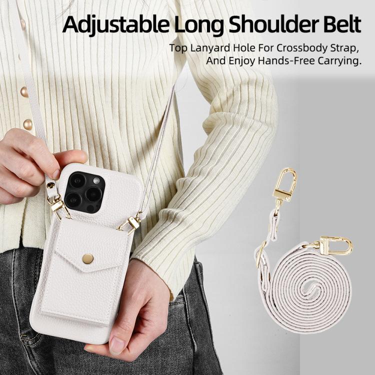 For iPhone 15 Pro Litchi Texture Vertical Card Bag Holder Phone Case with Long Lanyard(White) - iPhone 15 Pro Cases by buy2fix | Online Shopping UK | buy2fix