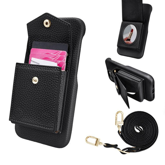 For iPhone 15 Litchi Texture Vertical Card Bag Holder Phone Case with Long Lanyard(Black)