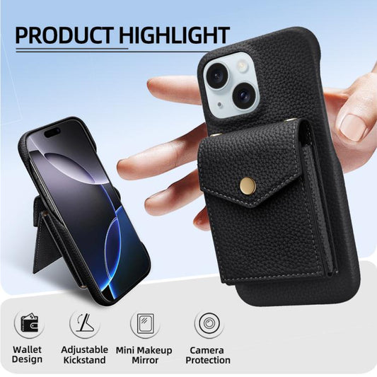 For iPhone 15 Litchi Texture Vertical Card Bag Holder Phone Case with Long Lanyard(Black) - iPhone 15 Cases by buy2fix | Online Shopping UK | buy2fix