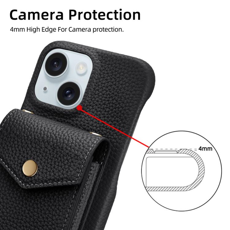 For iPhone 15 Litchi Texture Vertical Card Bag Holder Phone Case with Long Lanyard(Black) - iPhone 15 Cases by buy2fix | Online Shopping UK | buy2fix