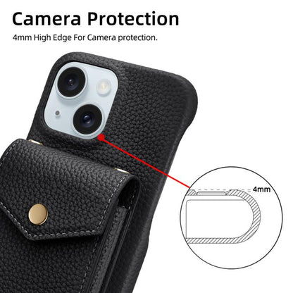 For iPhone 15 Litchi Texture Vertical Card Bag Holder Phone Case with Long Lanyard(Black) - iPhone 15 Cases by buy2fix | Online Shopping UK | buy2fix