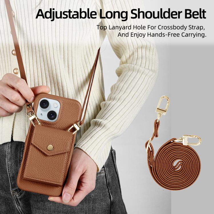 For iPhone 15 Litchi Texture Vertical Card Bag Holder Phone Case with Long Lanyard(Brown) - iPhone 15 Cases by buy2fix | Online Shopping UK | buy2fix