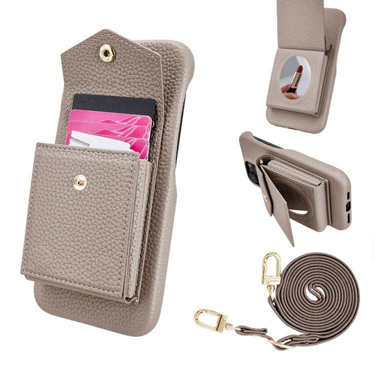 For iPhone 15 Litchi Texture Vertical Card Bag Holder Phone Case with Long Lanyard(Grey)