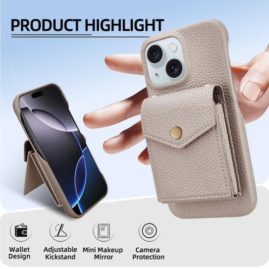 For iPhone 15 Litchi Texture Vertical Card Bag Holder Phone Case with Long Lanyard(Grey) - iPhone 15 Cases by buy2fix | Online Shopping UK | buy2fix