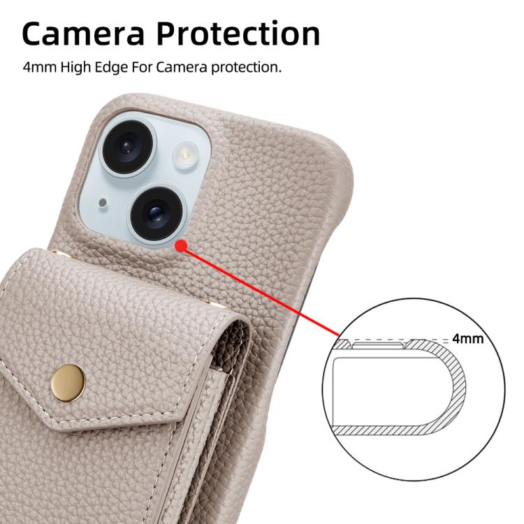 For iPhone 15 Litchi Texture Vertical Card Bag Holder Phone Case with Long Lanyard(Grey) - iPhone 15 Cases by buy2fix | Online Shopping UK | buy2fix