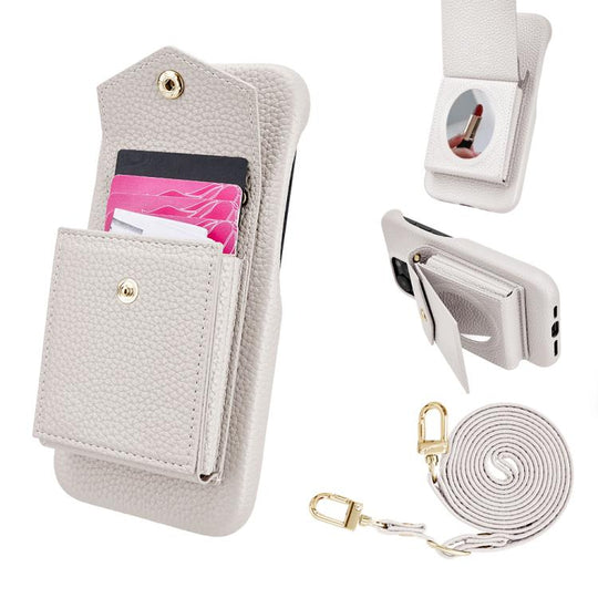 For iPhone 15 Litchi Texture Vertical Card Bag Holder Phone Case with Long Lanyard(White)