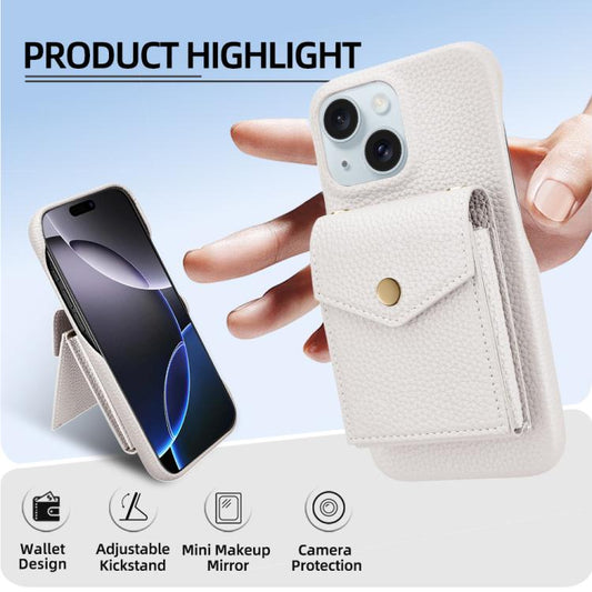 For iPhone 15 Litchi Texture Vertical Card Bag Holder Phone Case with Long Lanyard(White) - iPhone 15 Cases by buy2fix | Online Shopping UK | buy2fix