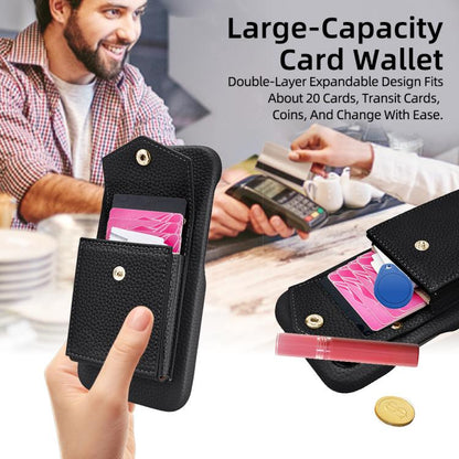 For iPhone 14 / 13 Litchi Texture Vertical Card Bag Holder Phone Case with Long Lanyard(Black) - iPhone 14 Cases by buy2fix | Online Shopping UK | buy2fix