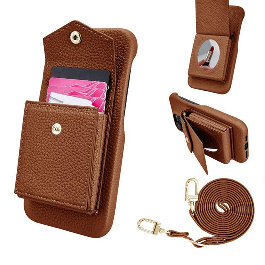 For iPhone 14 / 13 Litchi Texture Vertical Card Bag Holder Phone Case with Long Lanyard(Brown) - iPhone 14 Cases by buy2fix | Online Shopping UK | buy2fix