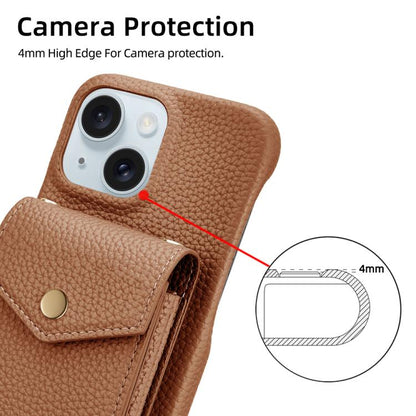 For iPhone 14 / 13 Litchi Texture Vertical Card Bag Holder Phone Case with Long Lanyard(Brown) - iPhone 14 Cases by buy2fix | Online Shopping UK | buy2fix