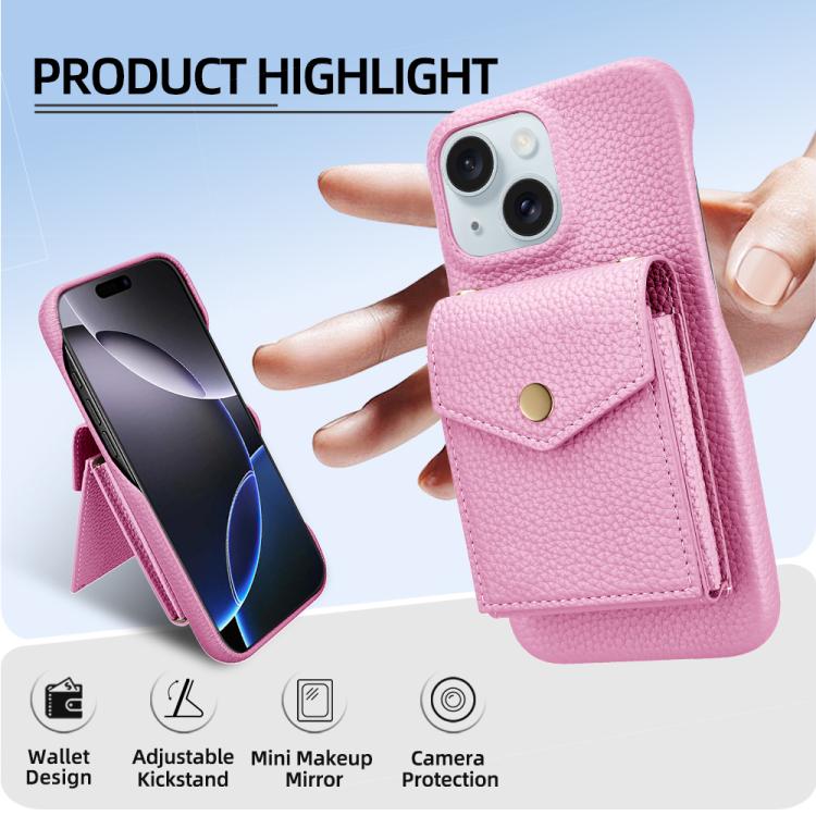 For iPhone 14 / 13 Litchi Texture Vertical Card Bag Holder Phone Case with Long Lanyard(Pink) - iPhone 14 Cases by buy2fix | Online Shopping UK | buy2fix
