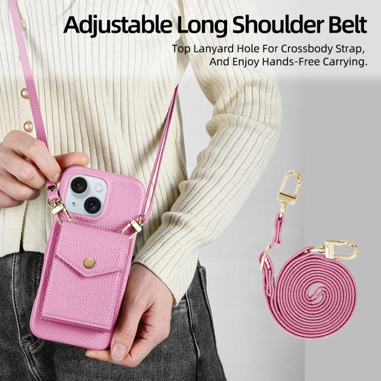 For iPhone 14 / 13 Litchi Texture Vertical Card Bag Holder Phone Case with Long Lanyard(Pink) - iPhone 14 Cases by buy2fix | Online Shopping UK | buy2fix